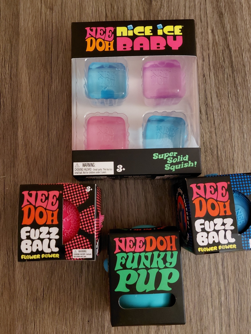 Needoh Squishy Lot Nice Ice Baby, Teal Funky Pup, 2 Fuzz Balls Fidget Stress